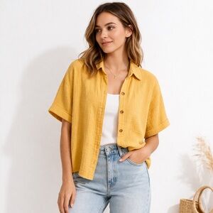 Cotton Gauze Button Down Short Sleeve Shirt Size Large Yellow